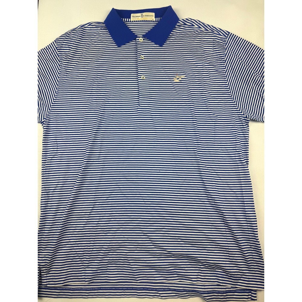 Fairway & Greene Polo Shirt Large Blue White Striped Caves Valley Iron Apple Cup